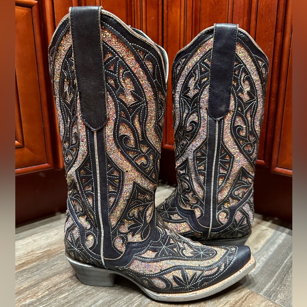 JB Dillon Black Glitter Inlay Sparkle Cowboy Boots Size 7.5 RARE Wedding Cowgirl - Picture 2 of 14